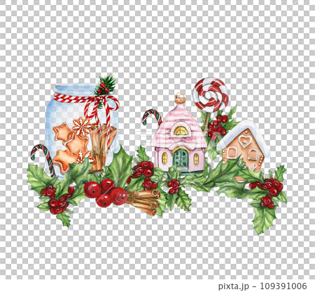 Christmas composition with glass bottle with gingerbread inside. Watercolor hand drawn illustration. New Year's card,perfect for wedding, invitations, blogs, card templates, birthday, patterns. 109391006