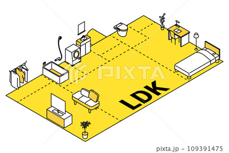 引越しの間取り(2LDK)イメージ、シンプルな線画のアイソメトリックイラスト 引越しの間取り(2LDK)イメージ、シンプルな線画のアイソメトリックイラスト 109391475