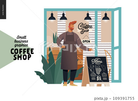 Coffee shop -small business illustrations -cafe owner -modern flat vector concept illustration of a coffee shop owner wearing apron in front of the shop facade, pavement sign - blackboard with menu 109391755