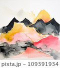 An abstract expressionist watercolor painting depicts rugged mountain forms in bold black and yellow, intersected by delicate pink layers, against a white background, suggesting a dynamic and colorful 109391934