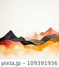 Watercolor artwork of abstract mountains, with a blend of deep black, rich red, and golden hues, accented by splattered paint details, conveying a sense of dynamic earthiness and warmth. 109391936