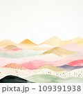 Abstract watercolor mountain landscape in a pastel color palette with gold accents, blending dreamy pinks, blues, and sandy tones. 109391938
