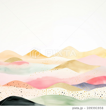 Abstract watercolor mountain landscape in a pastel color palette with gold accents, blending dreamy pinks, blues, and sandy tones. Abstract watercolor mountain landscape in a pastel color palette with gold accents, blending dreamy pinks, blues, and sandy tones. 109391938