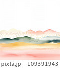 Abstract watercolor mountains in pastel hues of green and pink, adorned with golden dots, present a gentle and dreamy landscape on a soft white canvas, exuding tranquility and artistic flair. 109391943