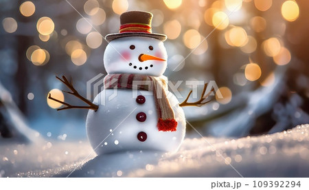 雪の積もった雪原に立つ可愛い雪だるま A cute snowman 109392294