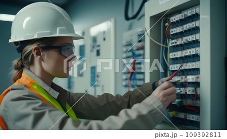 Female electrician checking fuse box in fuse box. Selective focus. Generative AI Female electrician checking fuse box in fuse box. Selective focus. Generative AI 109392811