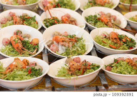 Crab noodles soup are displayed ready to eat 109392891