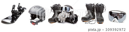Snowboarding equip on white Snowboarding equip on white 109392972