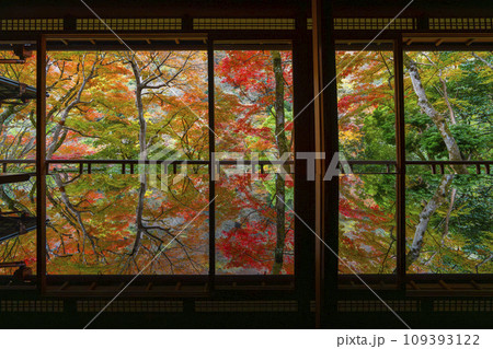 秋の京都嵐山 嵐山祐斎亭の紅葉のリフレクション 秋の京都嵐山 嵐山祐斎亭の紅葉のリフレクション 109393122