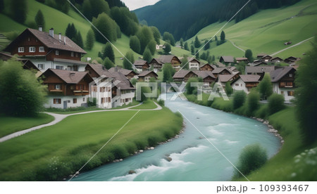 Swiss alps panorama with river and village houses in Switzerland. Generative AI Swiss alps panorama with river and village houses in Switzerland. Generative AI 109393467