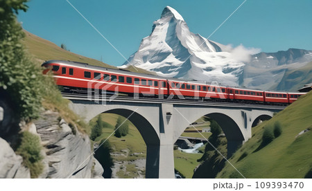 Train on the railway in Switzerland, Europe. Railway travel concept. Generative AI 109393470