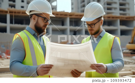 Two engineers in helmets and vests looking at blueprint on construction site. Generative AI 109393472