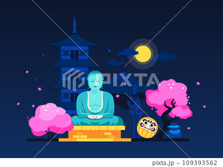 Buddha statue at night - modern colored vector illustration Buddha statue at night - modern colored vector illustration 109393562