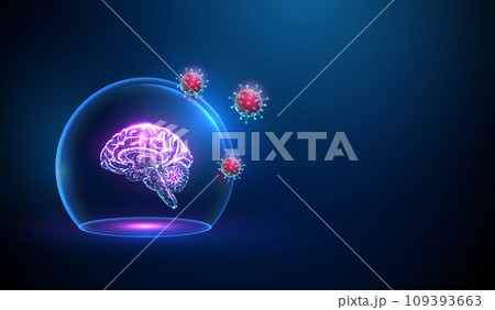 Abstract brain in blue glass dome attacked by red viruses. Medicine labaratory research concept. Low poly style. 109393663