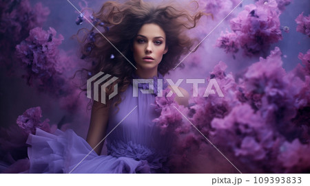AI-generated content. pretty woman in purple dress standing under flowers rain 109393833