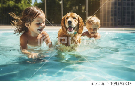 AI-generated content. Two little kids playing with dog in outdoor swimming pool. 109393837
