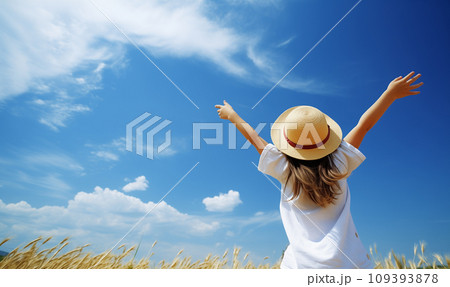 AI-generated content. Relaxed girl breathing fresh air raising arms over blue sky at summer. 109393878