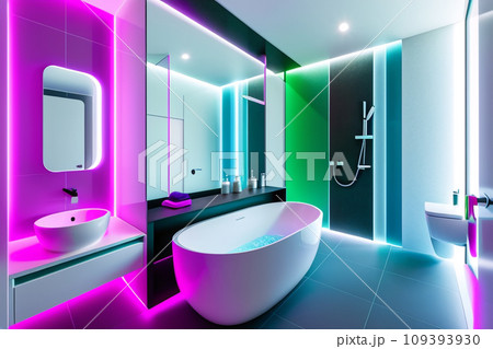 The interior of a modern futuristic bathroom in bright colors. 109393930