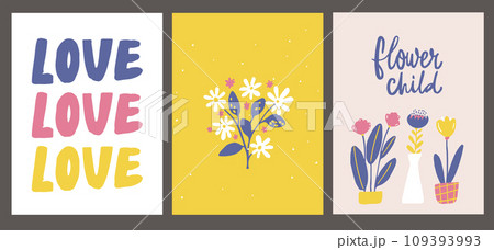 Modern art prints, bold word love, naive florals and flower child quote lettering. Bright trendy posters, vector nature illustrations set 109393993