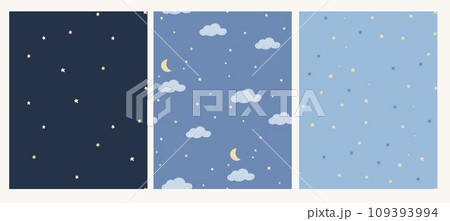 Blue sky backgrounds, stars, moon and cloud patterns, seamless texture for kids wallpaper, textile and paper design, flat vector simple graphics 109393994