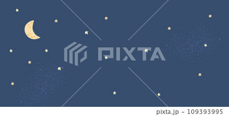 Night sky background banner, moon and stars. Cartoon childish illustration, deep blue backdrop. Simple vector graphic. 109393995
