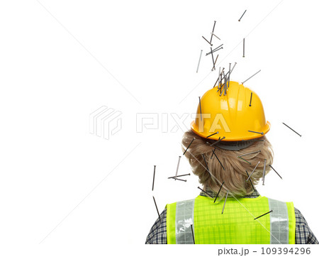 Back view caucasian construction industrial worker wear yellow hard hat safety vast. Hammer nails nuts bolts material supply fall down into head of engineer as accident. White background isolated Back view caucasian construction industrial worker wear yellow hard hat safety vast. Hammer nails nuts bolts material supply fall down into head of engineer as accident. White background isolated 109394296