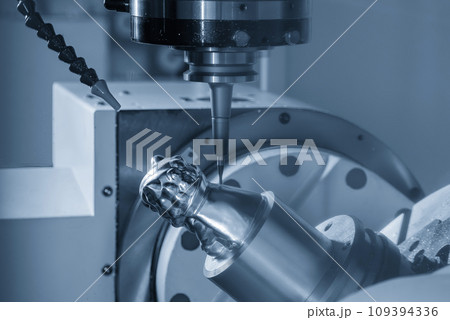 The 5-axis CNC milling machine  cutting the metal part with solid ball end mill tool. 109394336