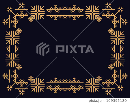 Art deco style frame with snowflakes. Winter vintage linear border with snowflake in line art style. Christmas frame design a template for invitations, leaflets and greeting cards. Vector illustration Art deco style frame with snowflakes. Winter vintage linear border with snowflake in line art style. Christmas frame design a template for invitations, leaflets and greeting cards. Vector illustration 109395120