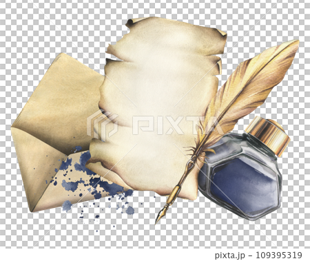 Writing supplies: papyrus paper, craft envelope, gold feather, ink in a glass jar, ribbon and splashes. Hand drawn watercolor illustration. Isolated composition on a white background Writing supplies: papyrus paper, craft envelope, gold feather, ink in a glass jar, ribbon and splashes. Hand drawn watercolor illustration. Isolated composition on a white background 109395319