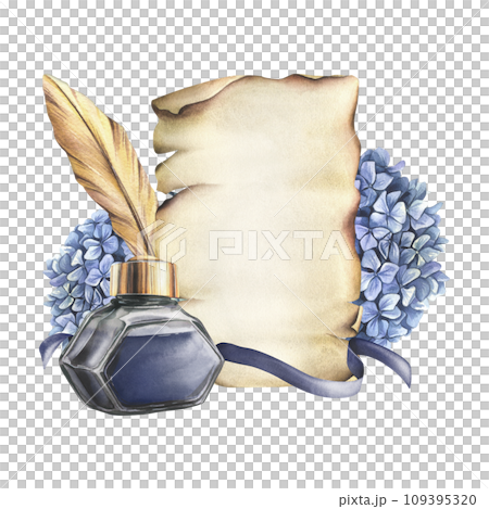 Writing supplies: papyrus paper, gold feather, ink in a glass jar, hydrangea and ribbon. Hand drawn watercolor illustration. Composition on a white background. 109395320