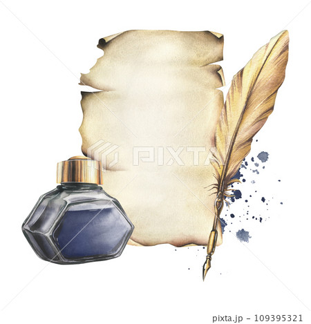 Writing supplies: papyrus paper, gold pen, ink in a glass jar. Hand drawn watercolor illustration. Isolated composition on a white background. Writing supplies: papyrus paper, gold pen, ink in a glass jar. Hand drawn watercolor illustration. Isolated composition on a white background. 109395321