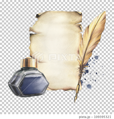 Writing supplies: papyrus paper, gold pen, ink in a glass jar. Hand drawn watercolor illustration. Isolated composition on a white background. Writing supplies: papyrus paper, gold pen, ink in a glass jar. Hand drawn watercolor illustration. Isolated composition on a white background. 109395321