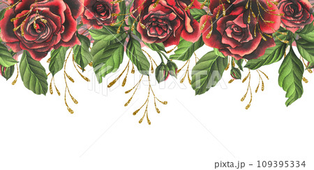 Red-black rose flowers with green leaves and buds, chic, bright, beautiful. Hand drawn watercolor illustration. Seamless border a white background, for decoration and design. 109395334