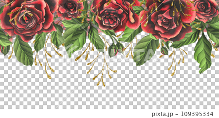 Red-black rose flowers with green leaves and buds, chic, bright, beautiful. Hand drawn watercolor illustration. Seamless border a white background, for decoration and design. 109395334