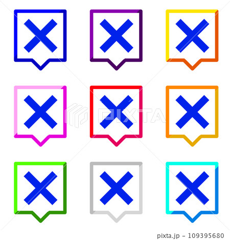 シンプルな青いバツマークとバイカラーでカラフルな四角い吹き出し　9個セット 109395680
