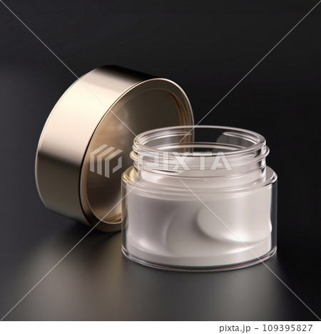A round glass jar for cosmetics with a gold lid. Packaging for a cream or other cosmetic product. 109395827