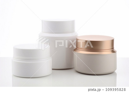 Cream jar. White cosmetic cream container, bottle mockup. Realistic face creme packaging set. White plastic round jar for scrub, ointment or butter. Blush powder template 109395828