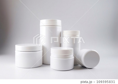 Realistic white cosmetic cream container and tube for cream, ointment, toothpaste, lotion Mock up bottle. Gel, powder, balsam, with empty label. Soap pump. Containers for bulk mixtures. 109395831