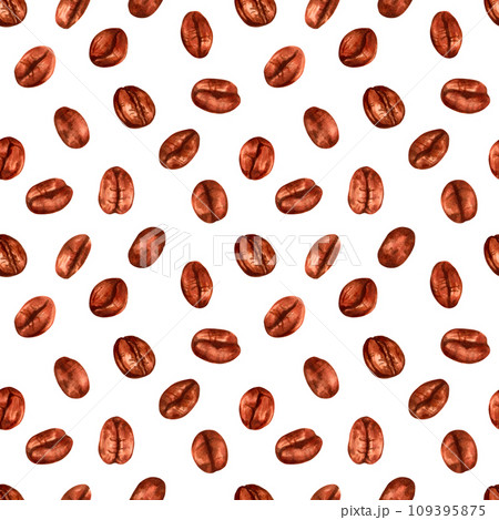 Seamless pattern of coffee beans. Aroma of Robusta and Arabica varieties. Design for fabric, textile, wrapping paper, wallpaper, harvest. Coffee day. Illustration with watercolor and marker. Hand art Seamless pattern of coffee beans. Aroma of Robusta and Arabica varieties. Design for fabric, textile, wrapping paper, wallpaper, harvest. Coffee day. Illustration with watercolor and marker. Hand art 109395875