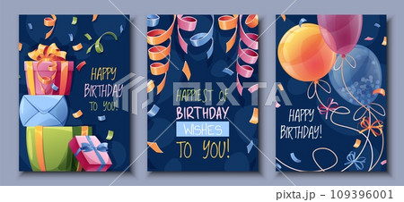 Set birthday greeting card design. Banner, flyer template with colorful balloons, a bunch of gifts, confetti and serpentine. Happy birthday Invitation design for holiday, anniversary, party 109396001