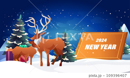 two reindeers standing on snowy mountain happy new year holiday celebration greeting card landscape background horizontal 109396407