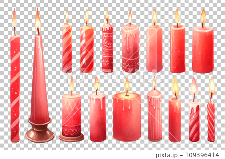 赤いクリスマスのキャンドルの水彩イラストの素材セット 109396414
