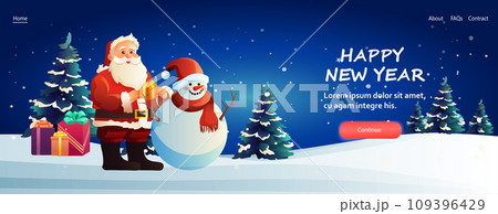 santa claus in red costume with snowman standing together near decorated fir tree christmas eve holiday happy new year celebration template 109396429