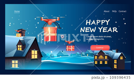 delivery drones carrying gift present boxes on snowy roofs merry christmas happy new year winter holidays airmail concept horizontal 109396435