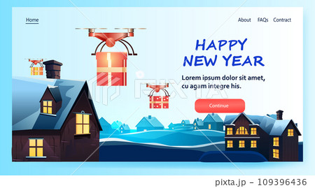 delivery drones carrying gift present boxes on snowy roofs merry christmas happy new year winter holidays airmail concept horizontal 109396436