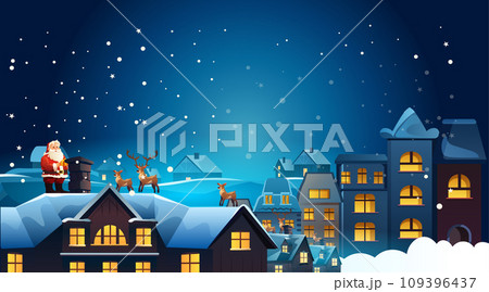 santa claus in red costume with reindeer standing together on house roof christmas eve holiday happy new year celebration template 109396437