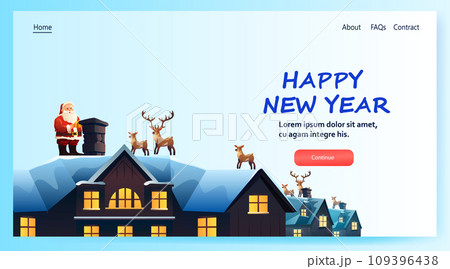 santa claus in red costume with reindeer standing together on house roof christmas eve holiday happy new year celebration template 109396438
