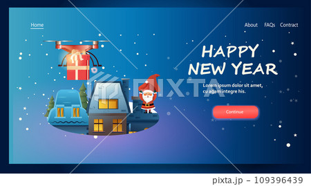 santa claus with delivery drone carrying gift box on snowy house roof merry christmas happy new year winter holidays airmail concept 109396439