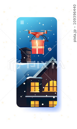 delivery drone carrying gift present box on snowy house roof merry christmas happy new year winter holidays airmail concept 109396440