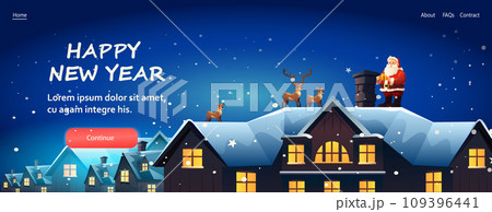 santa claus in red costume with reindeer standing together on house roof christmas eve holiday happy new year celebration template 109396441